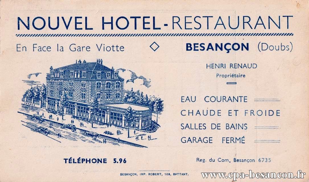 NOUVEL HOTEL-RESTAURANT - En Face la Gare Viotte - BESANÇON (Doubs) - HENRI RENAUD Propriétaire - TÉLÉPHONE 5.96